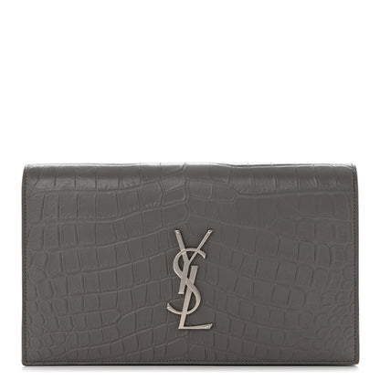 Saint Laurent Croc Embossed Calfskin Classic Kate Monogram Clutch Fog 1 of 7