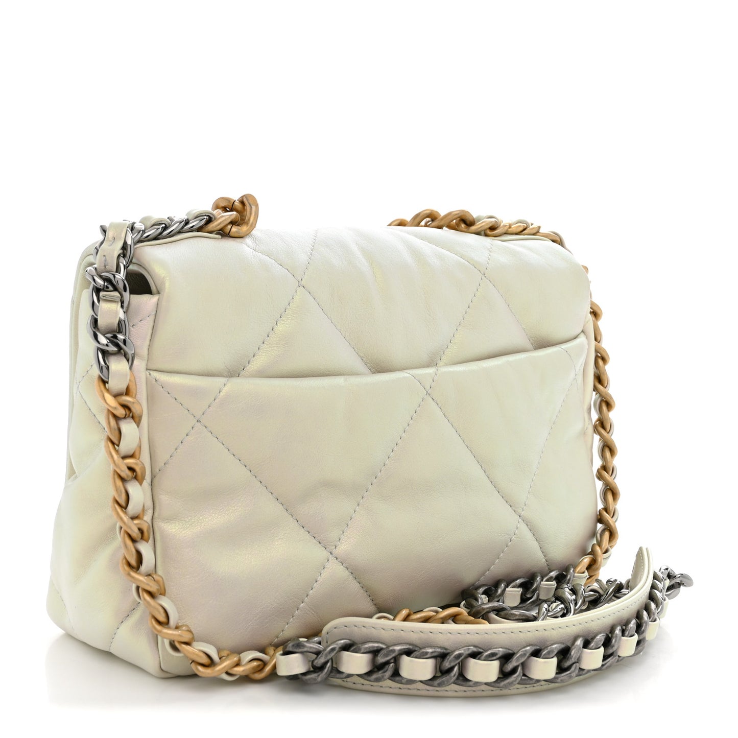 Iridescent Calfskin Quilted Medium Chanel 19 Flap  White