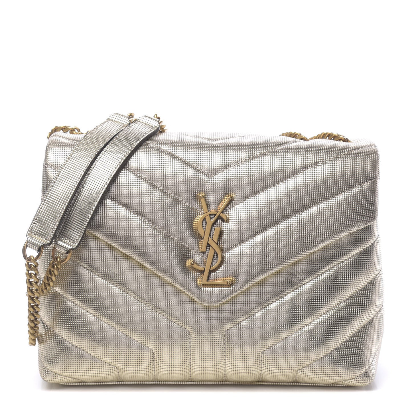 Metallic Calfskin Y Quilted Small Loulou Monogram Chain Satchel Platino