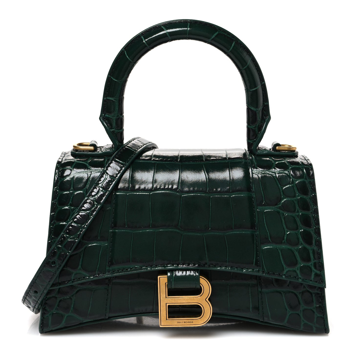 Shiny Calfskin Crocodile Embossed Hourglass Top Handle Bag XS Forest Green