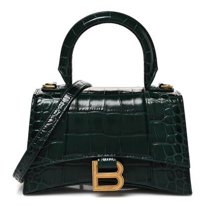 Balenciaga Shiny Calfskin Crocodile Embossed Hourglass Top Handle Bag XS Forest Green 1 of 11