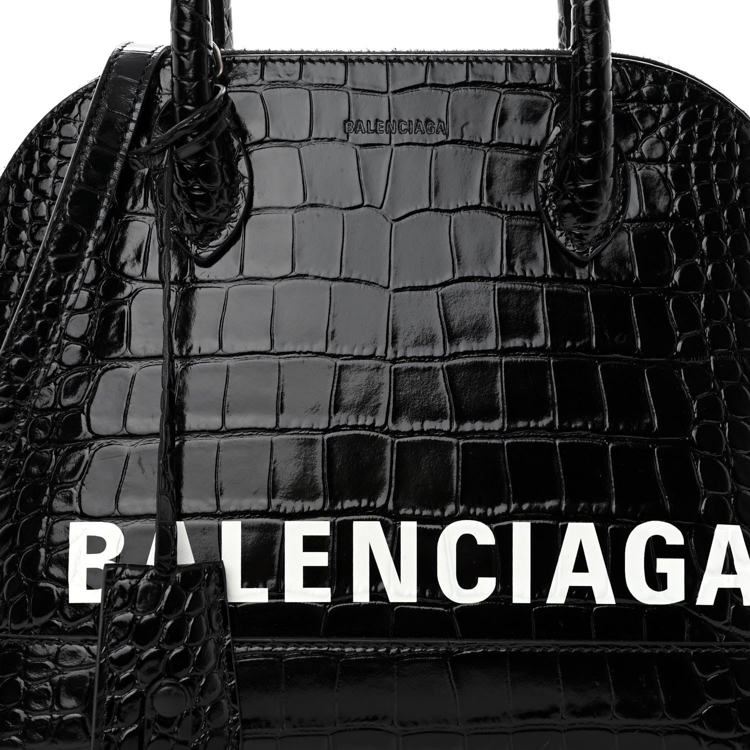 Balenciaga Shiny Calfskin Logo Crocodile Embossed S Ville Top Handle Bag Black White 7 of 10