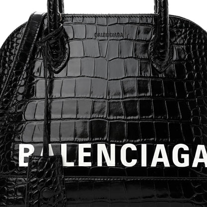 Balenciaga Shiny Calfskin Logo Crocodile Embossed S Ville Top Handle Bag Black White 7 of 10