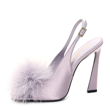 Saint Laurent Crepe Satin Mae Feathered Sandals Slight 36.5 Poly Grey 1 of 8