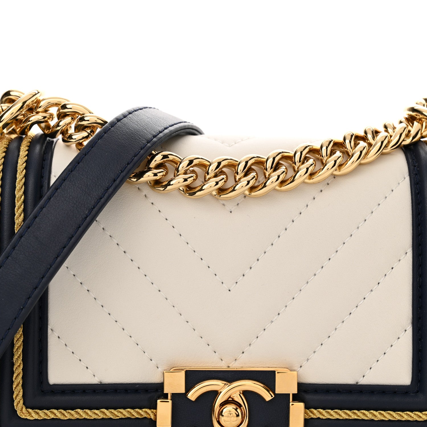 Chanel Calfskin Chevron Quilted Braided Small Boy Flap White Navy 8 of 11
