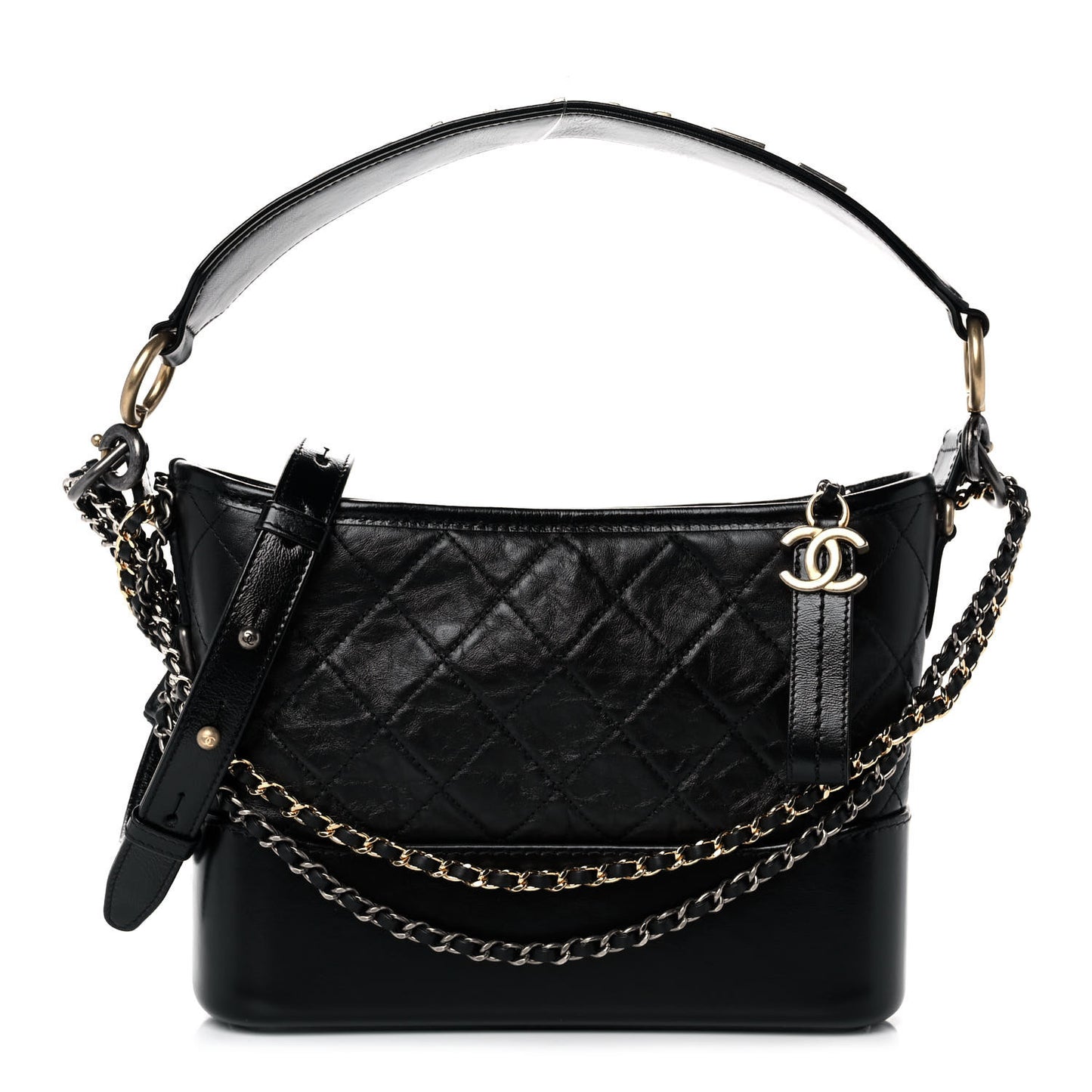 Aged Smooth Calfskin Quilted Medium Gabrielle Logo Hobo Black