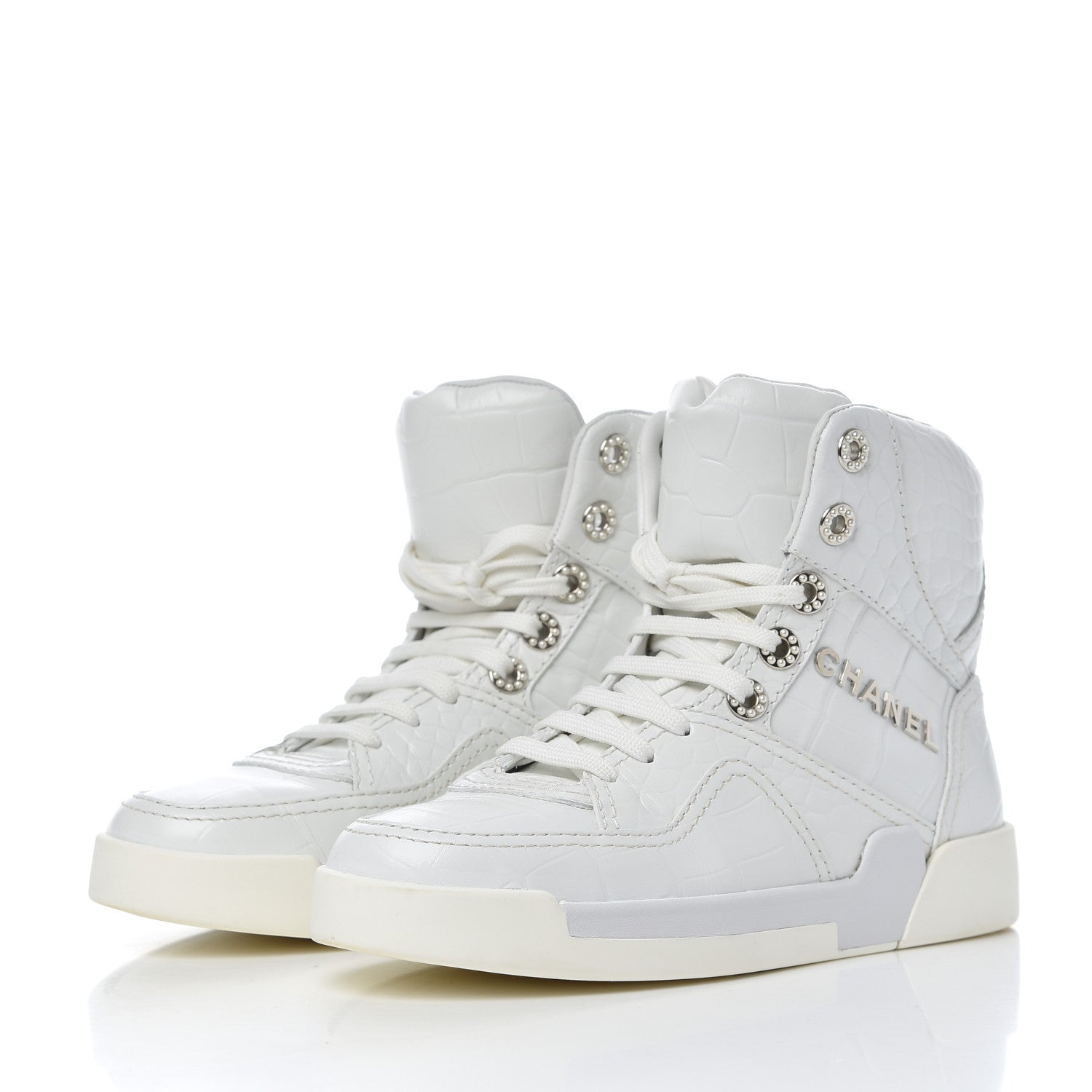 Chanel Calfskin Crocodile Embossed Cocodile High Top Sneakers 36 White 3 of 14