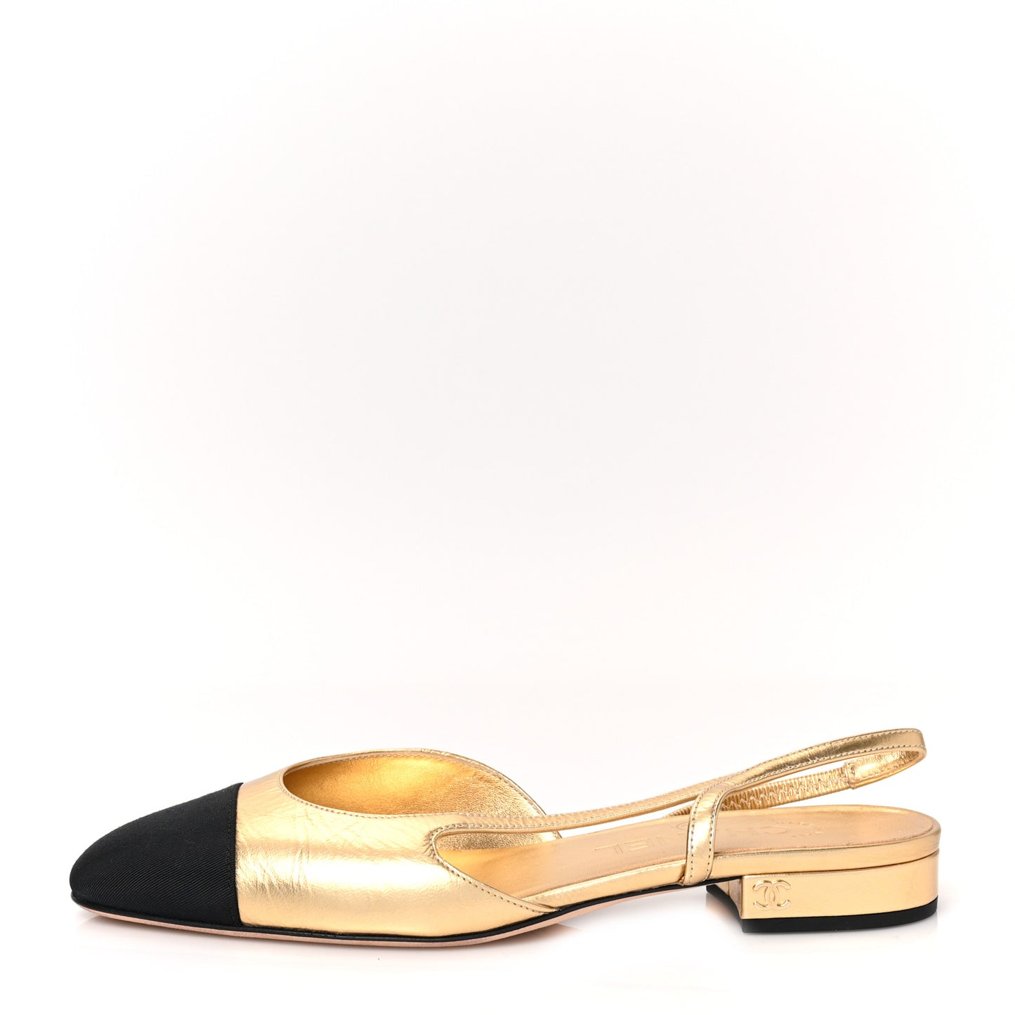 Laminated Lambskin Grosgrain Cap Toe CC Slingback Flats 36.5 Gold Black