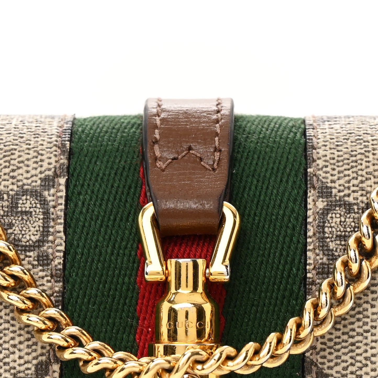 GG Supreme Monogram Azalea Calfskin Web Jackie 1961 Chain Wallet Beige Ebony Brown Sugar