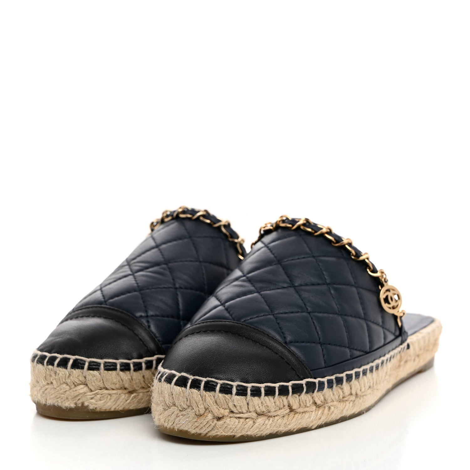 Chanel Lambskin Quilted CC Chain Espadrille Mules 36 Navy Black 3 of 9