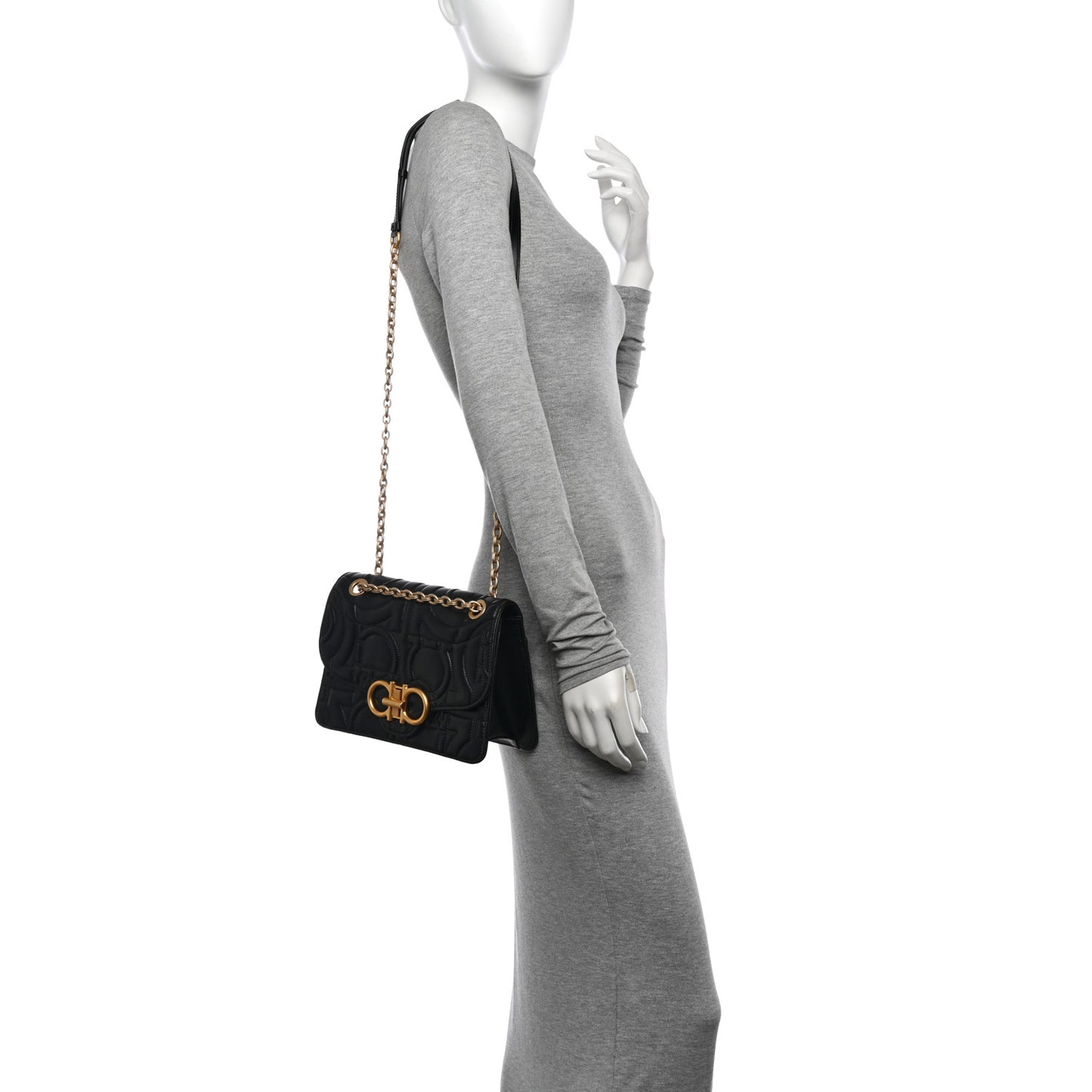 Calfskin Quilted Gancini Flap Bag Black