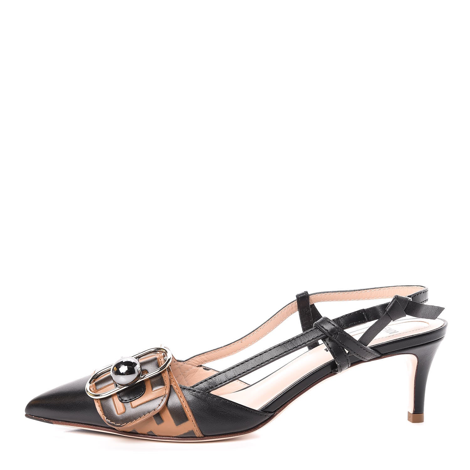 Fendi Calfskin FF Embossed Pearland Decollete Aperta Slingback Pumps 37.5 Tobacco 1 of 8