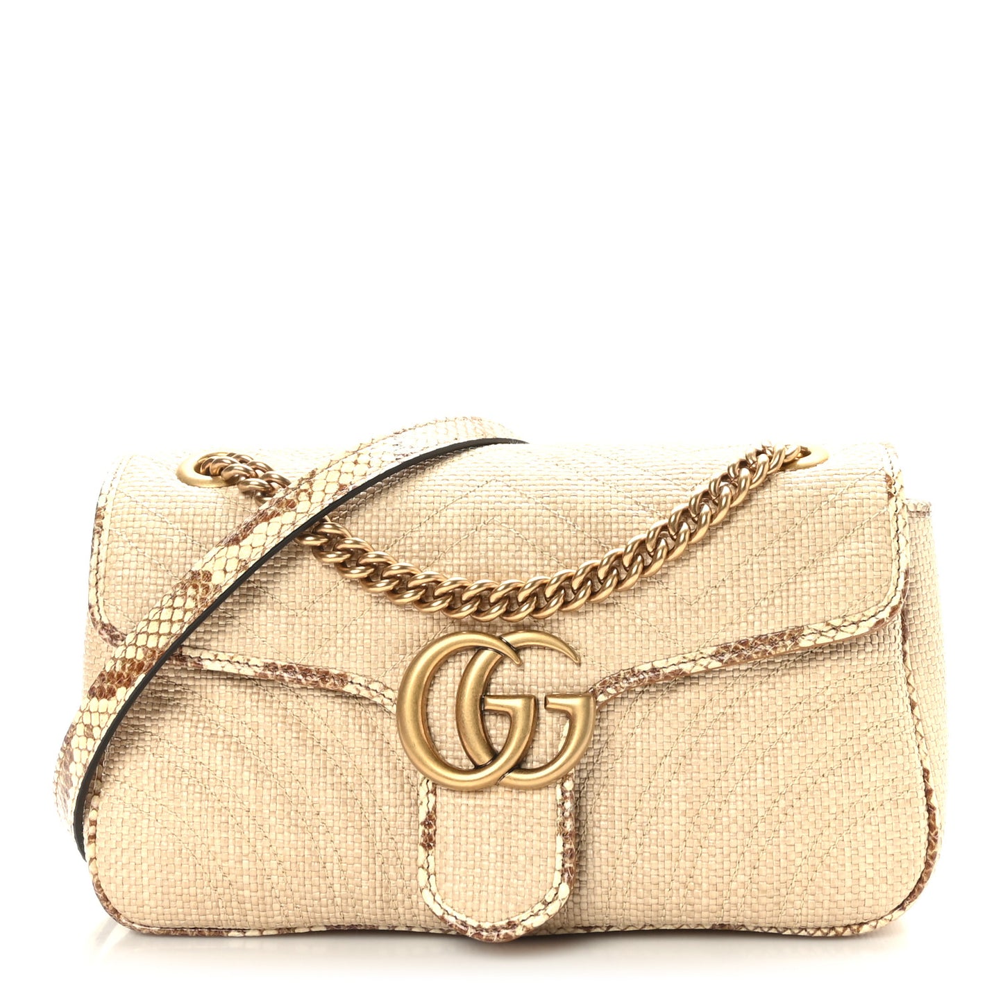 Raffia Elaphe Matelasse Small GG Marmont Shoulder Bag Natural Cream Brown