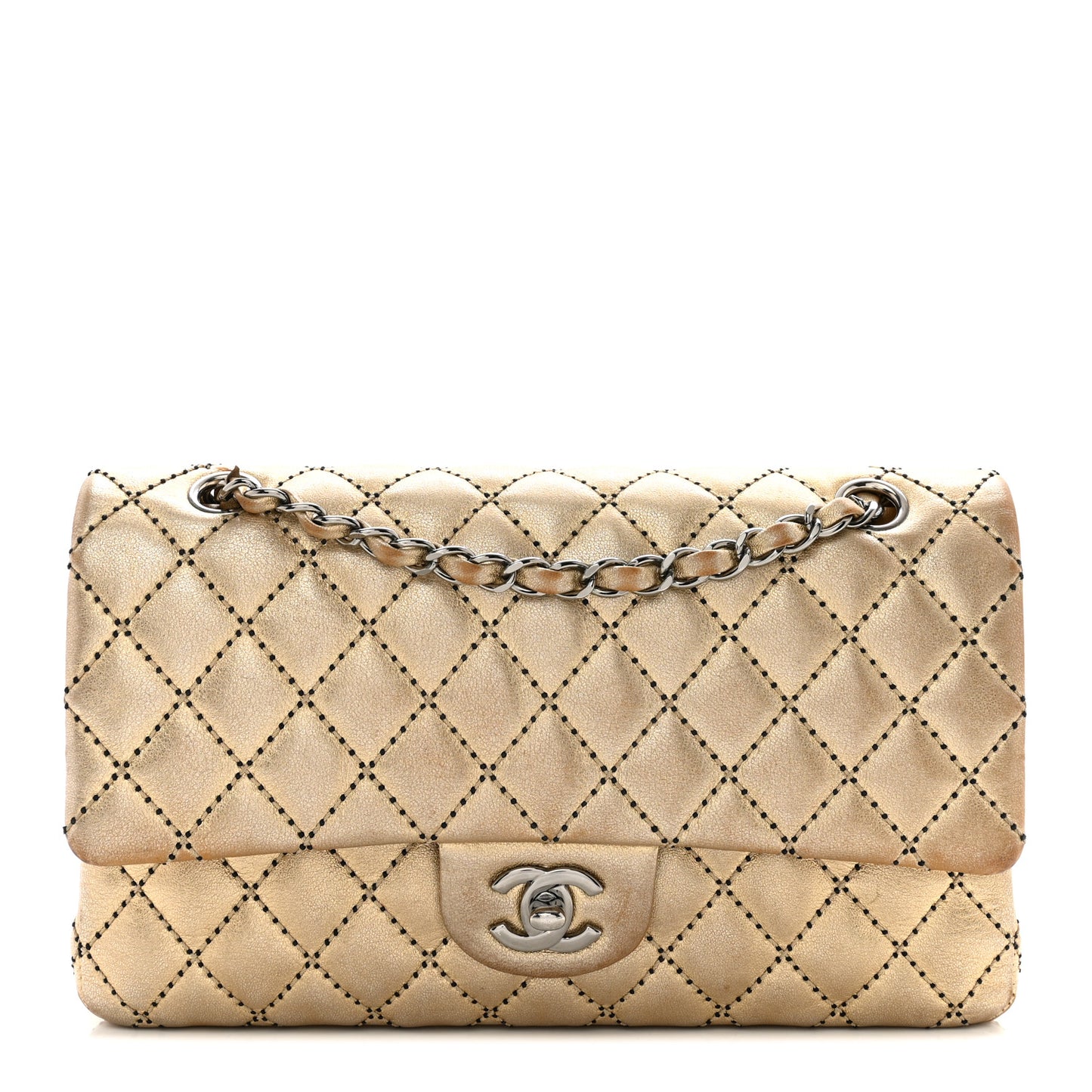 Metallic Washed Lambskin Quilted Medium Double Flap Dark Gold Black