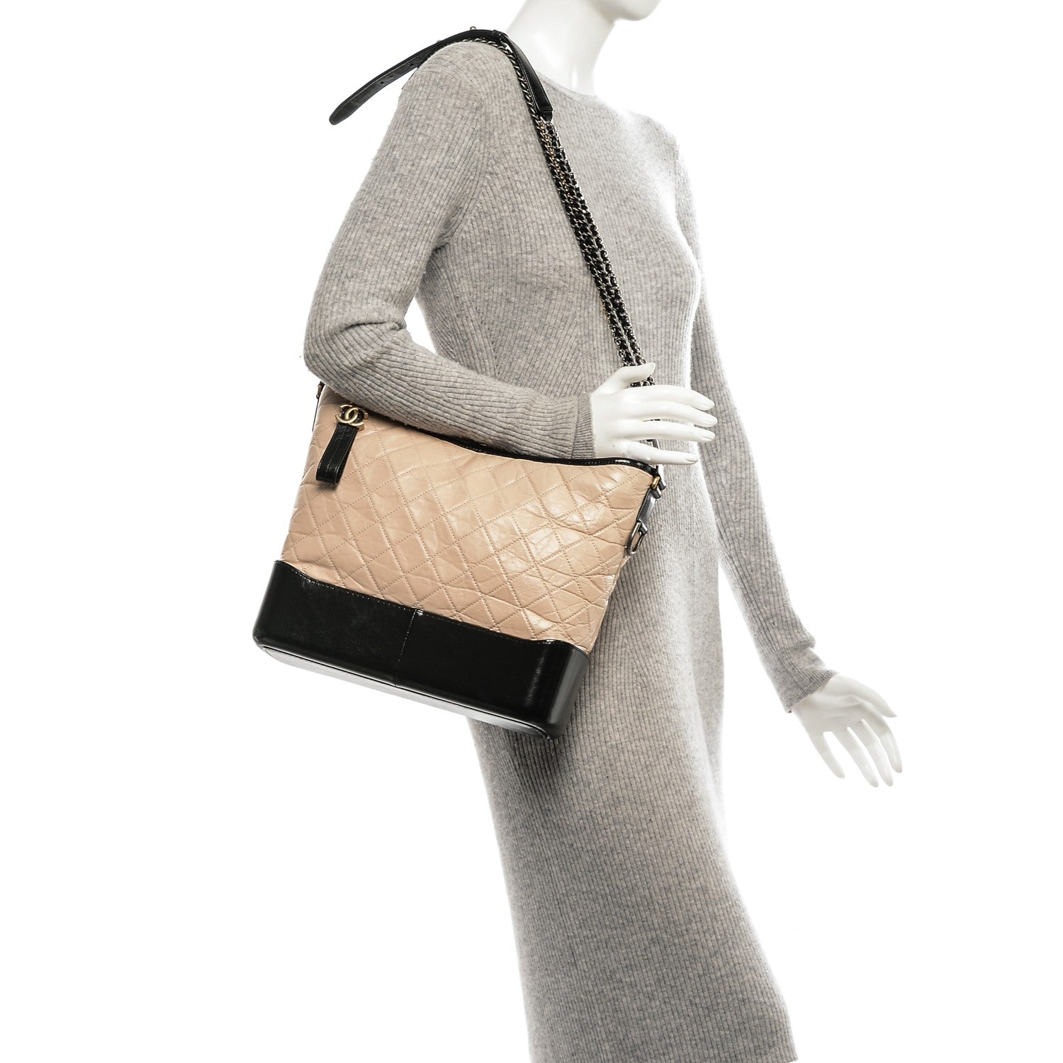 Chanel Aged Calfskin Quilted Large Gabrielle Hobo Beige Black 2 of 7