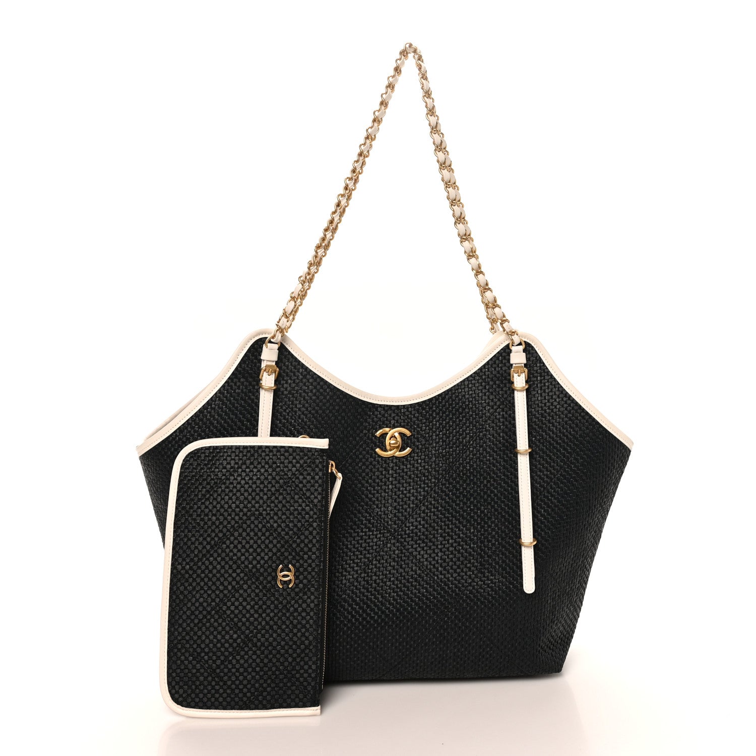 Chanel Calfskin Raffia Braided Small Shopping Tote Black White 3 of 11