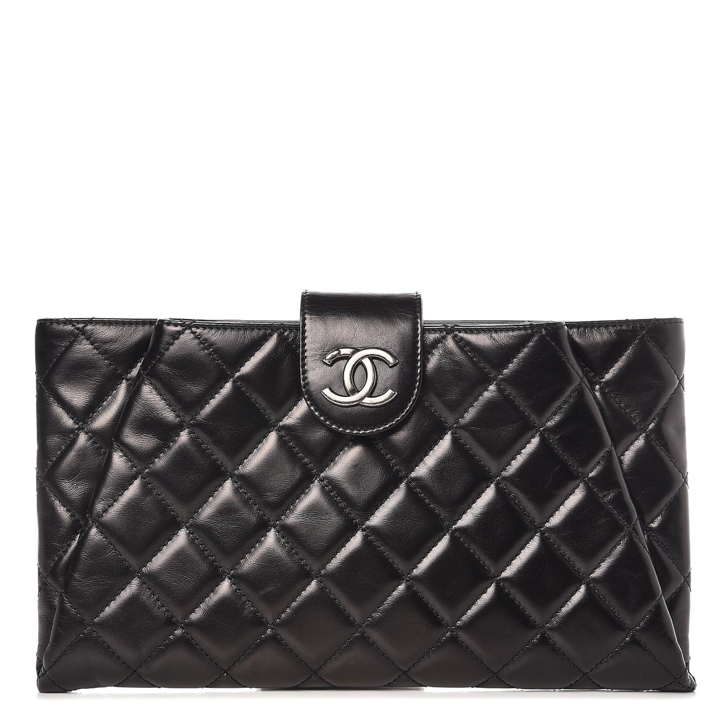 Glazed Calfskin Quilted Coco Pleats Clutch Black