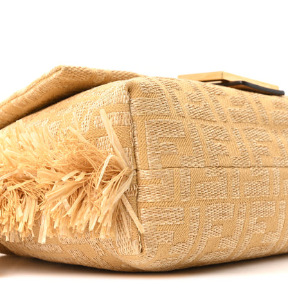 Fendi Fabric Jacquard Raffia Straw Fringe Medium Mamma Baguette Beige 17 of 19