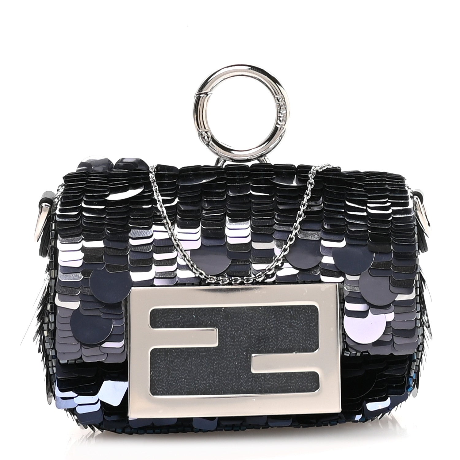 Fendi Sequin Paillettes Shiny Nappa Sex and the City Nano Maxi Buckle Baguette Charm Dark Blue 1 of 10