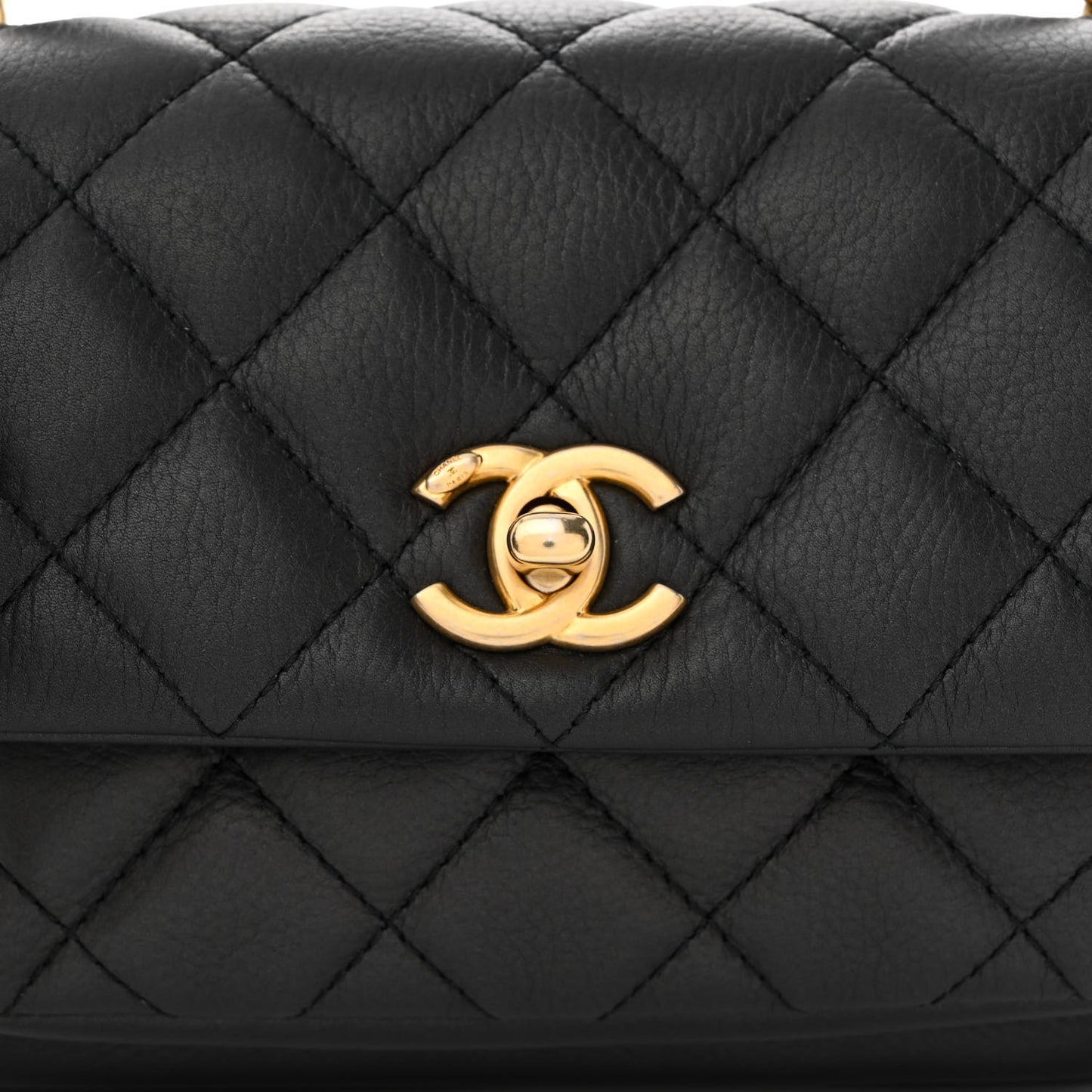 Calfskin Quilted Top Handle Flap Black