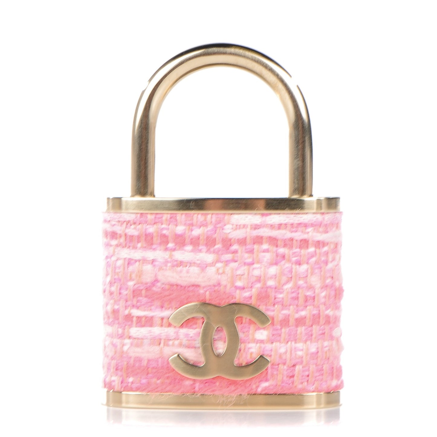 Tweed CC Oversized Padlock Pin Brooch Pink Gold