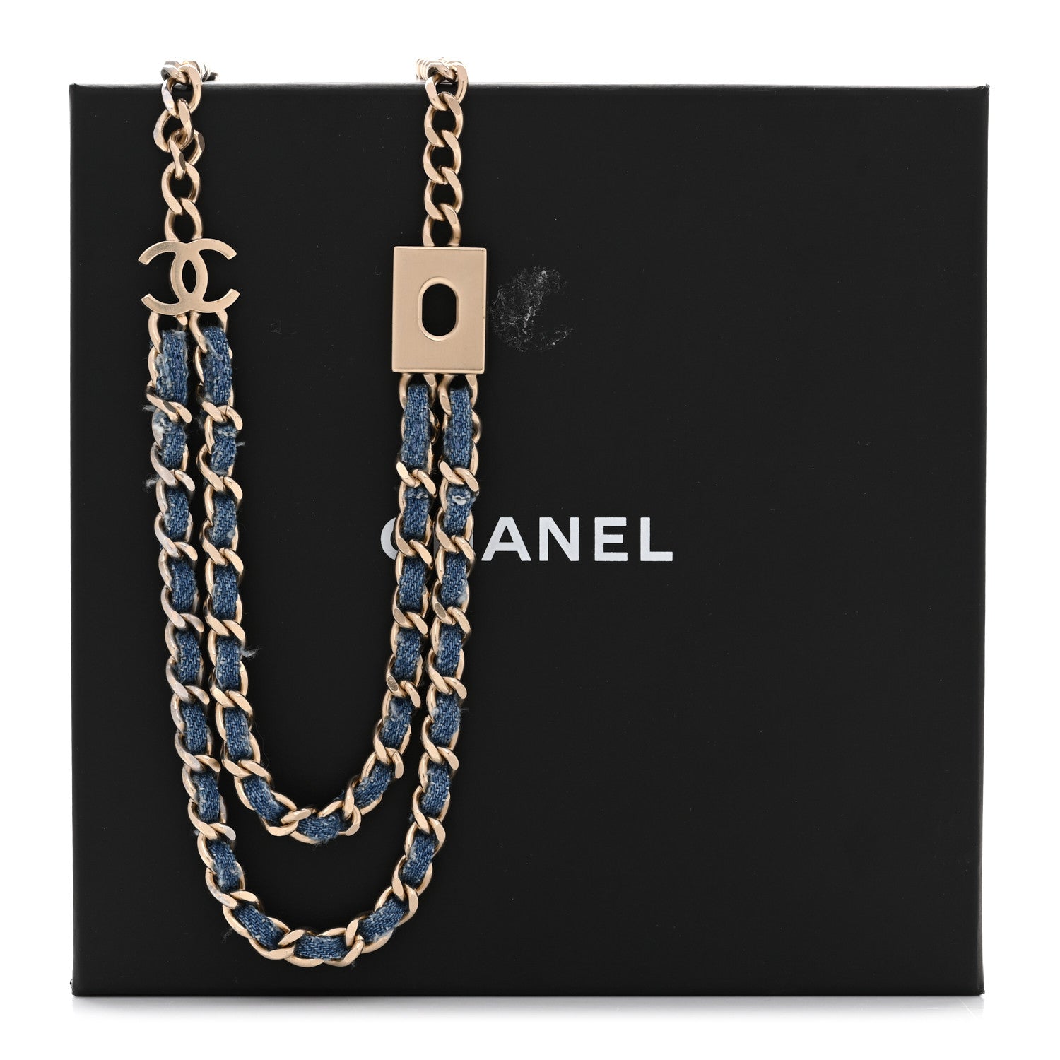 Chanel Metal Denim CC Double Chain Necklace Blue Gold 1871641