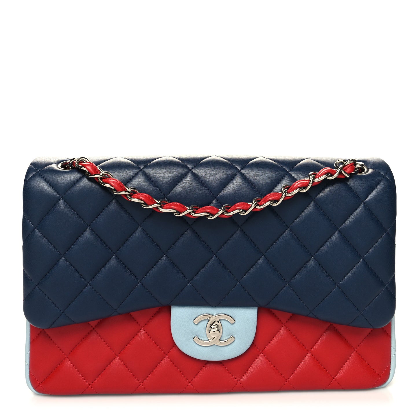 Lambskin Quilted Jumbo Tri-Color Double Flap Navy Blue Red
