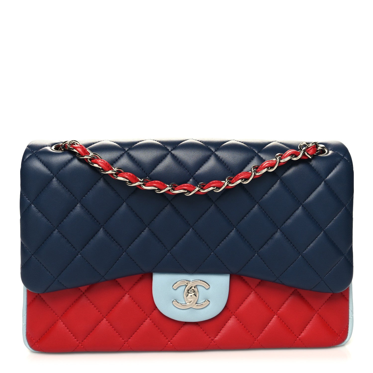 Chanel Lambskin Quilted Jumbo Tri-Color Double Flap Navy Blue Red 1 of 10