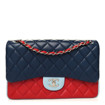 Chanel Lambskin Quilted Jumbo Tri-Color Double Flap Navy Blue Red 1 of 10