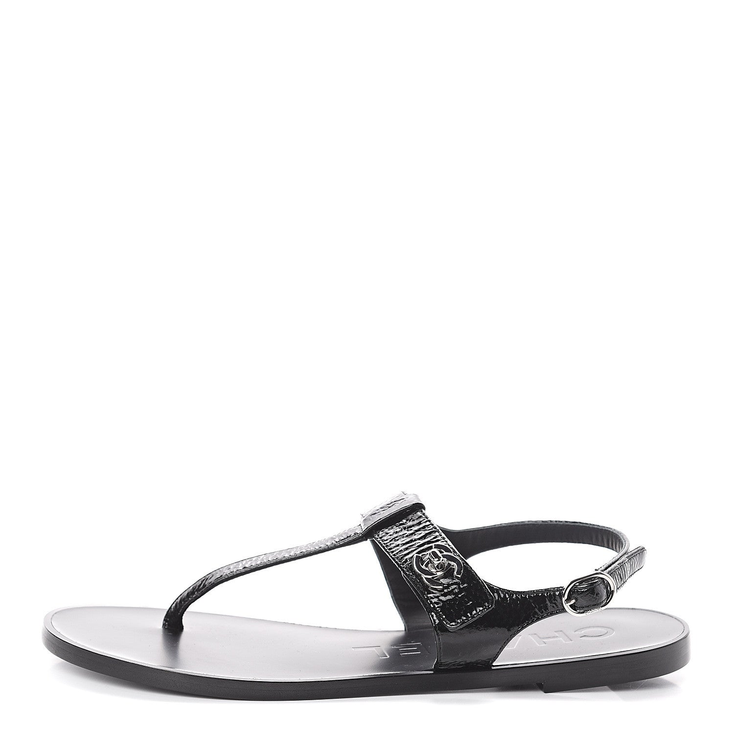Chanel Patent Goatskin CC Thong Sandals 36.5 Black 1 of 7