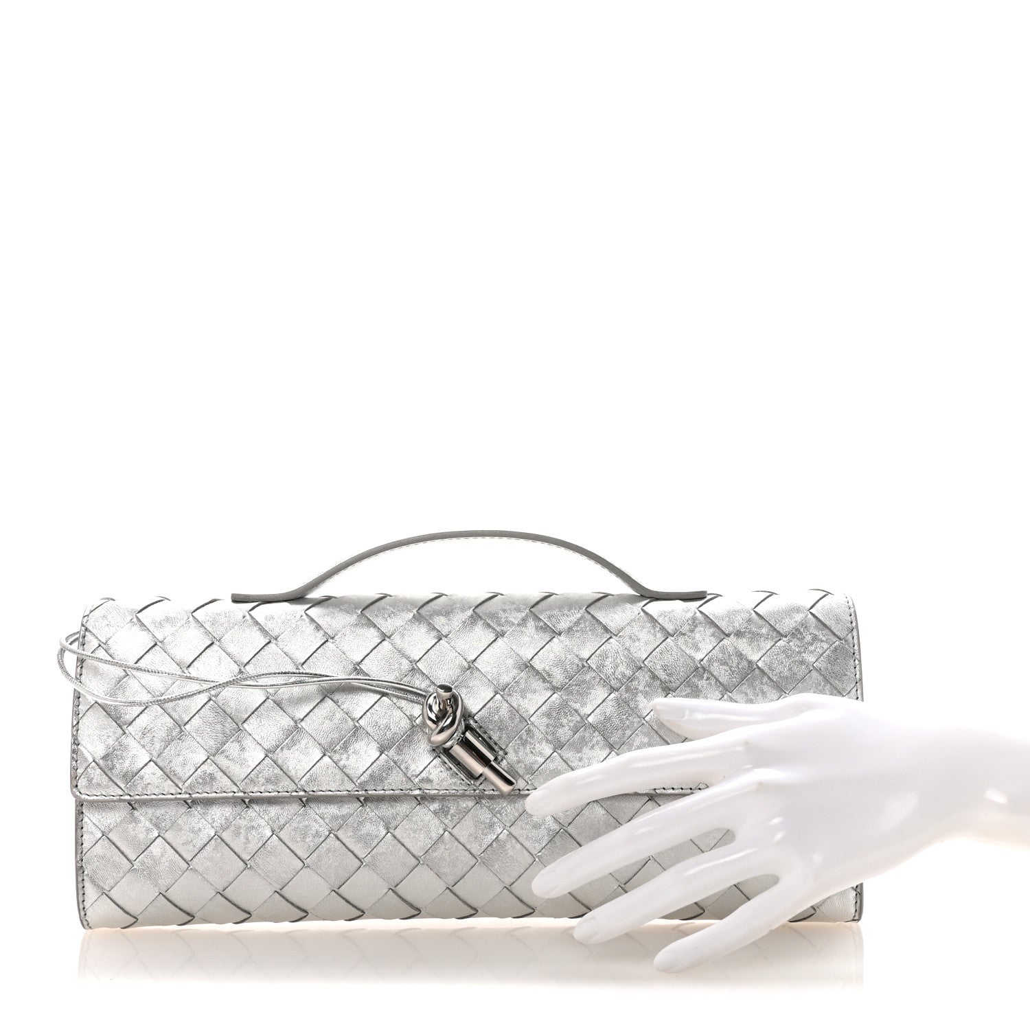 Bottega Veneta Metallic Lambskin Intrecciato Long Andiamo Top Handle Clutch Silver 2 of 6
