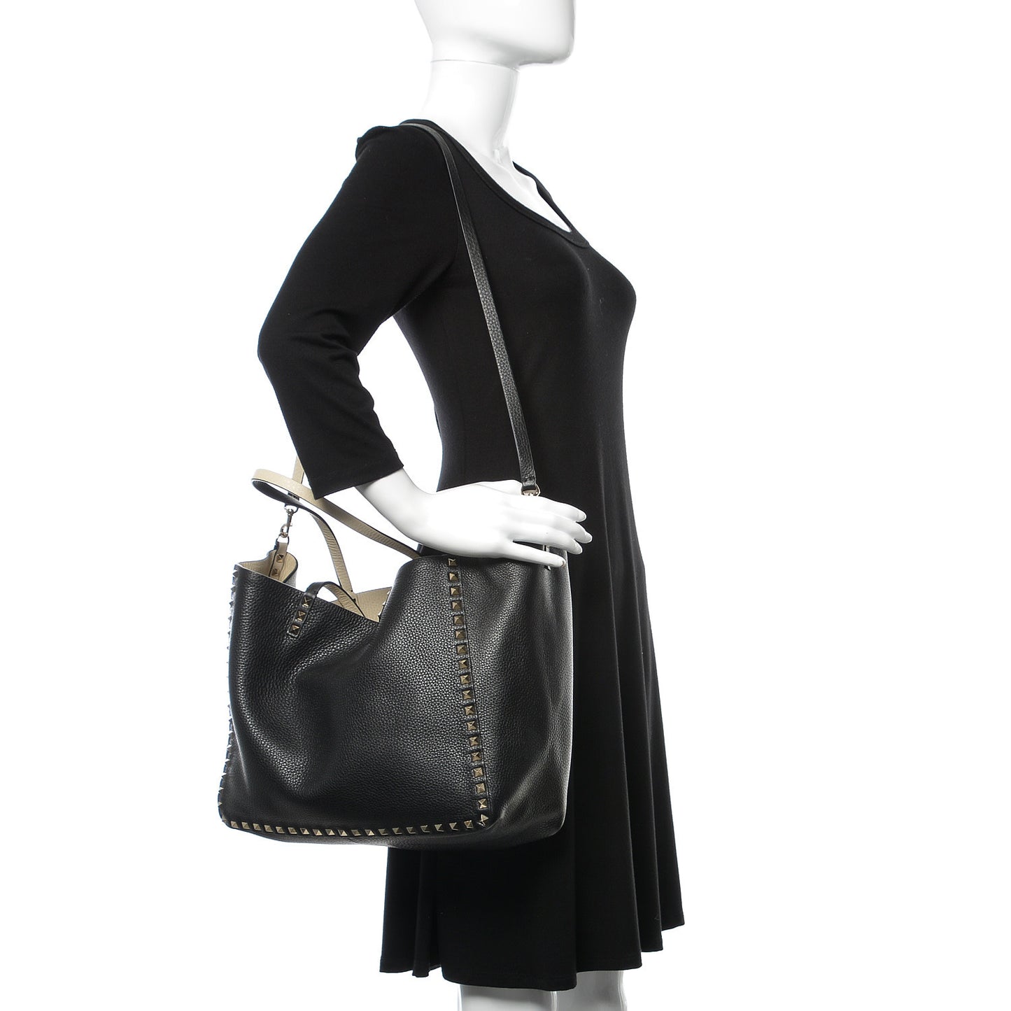 Grained Calfskin Medium Rockstud Reversible Tote Black Ivory