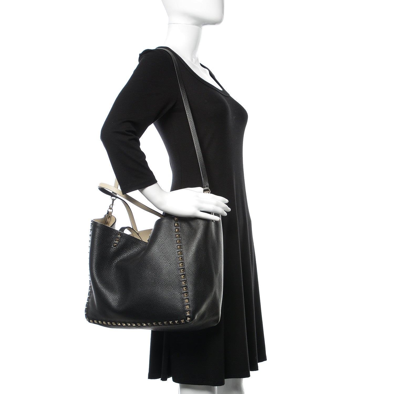 Valentino Garavani Grained Calfskin Medium Rockstud Reversible Tote Black Ivory 2 of 14