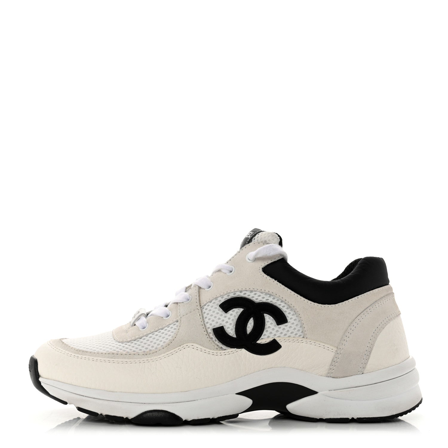 Chanel Mesh Suede Calfskin Grained Calfskin Womens CC Sneakers 40.5 White Black 1 of 12