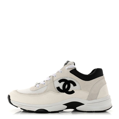 Chanel Mesh Suede Calfskin Grained Calfskin Womens CC Sneakers 40.5 White Black 1 of 12