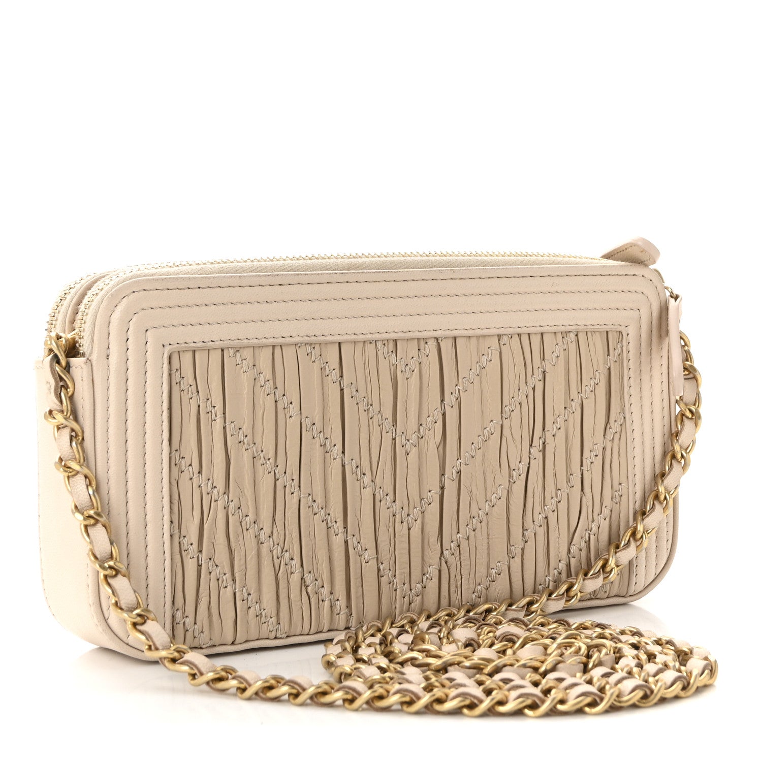 Chanel Crumpled Lambskin Chevron Quilted Pleated Small Boy Clutch With Chain Beige 3 of 10