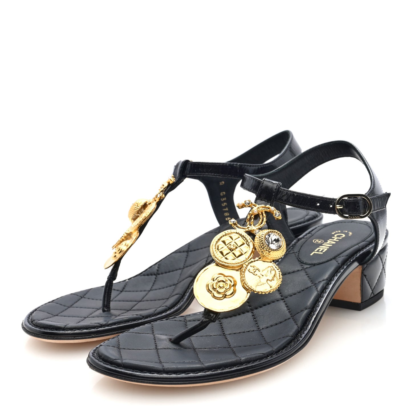 Calfskin Medallion CC Thong Sandals 36.5 Black