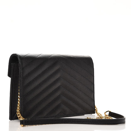 Saint Laurent Grain De Poudre Matelasse Chevron Monogram Envelope Chain Wallet Black 3 of 8