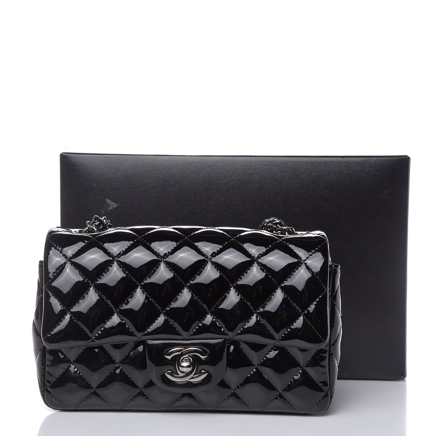 Patent Calfskin Quilted Mini Rectangular Flap Black