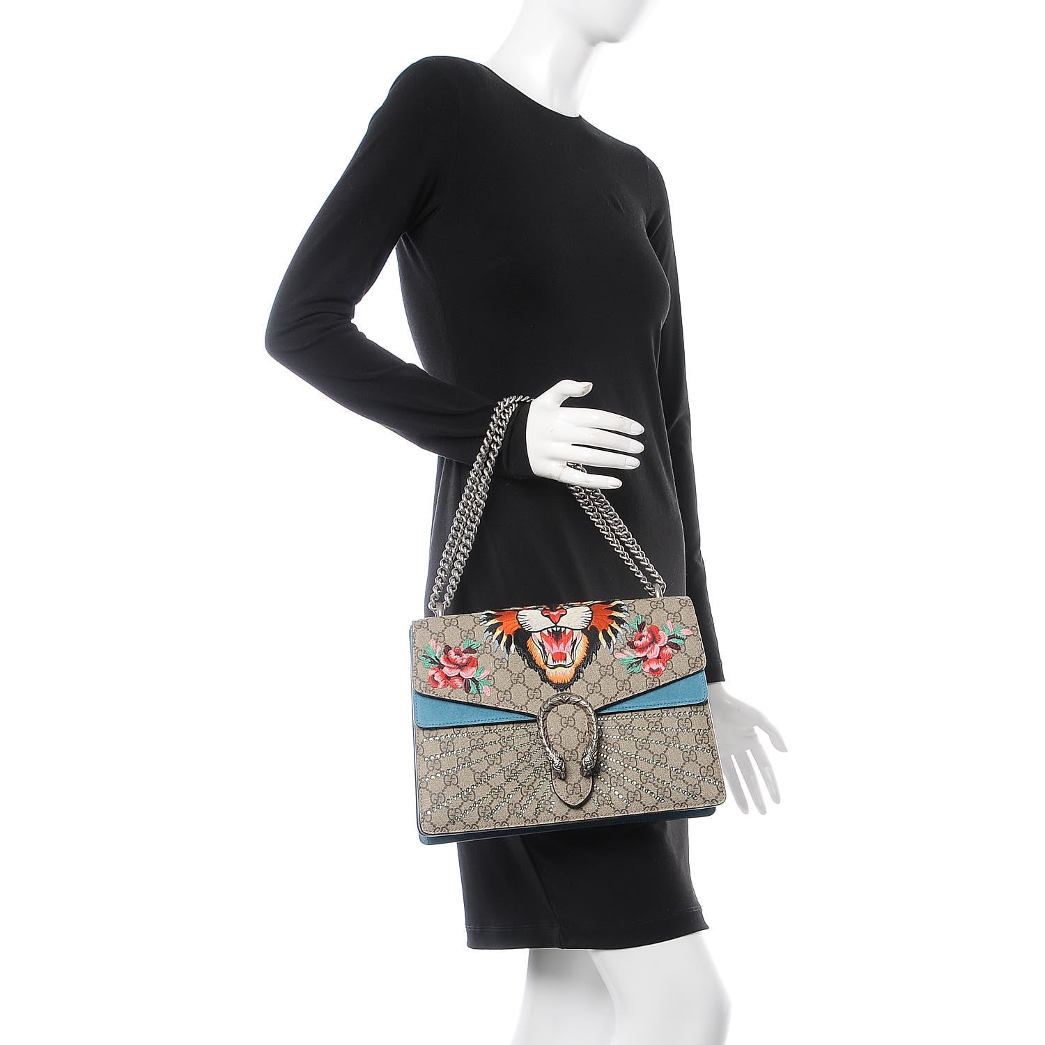 Gucci GG Supreme Monogram Angry Cat Embroidered Medium Dionysus Shoulder Bag Beige Ultramarine 3 of 9