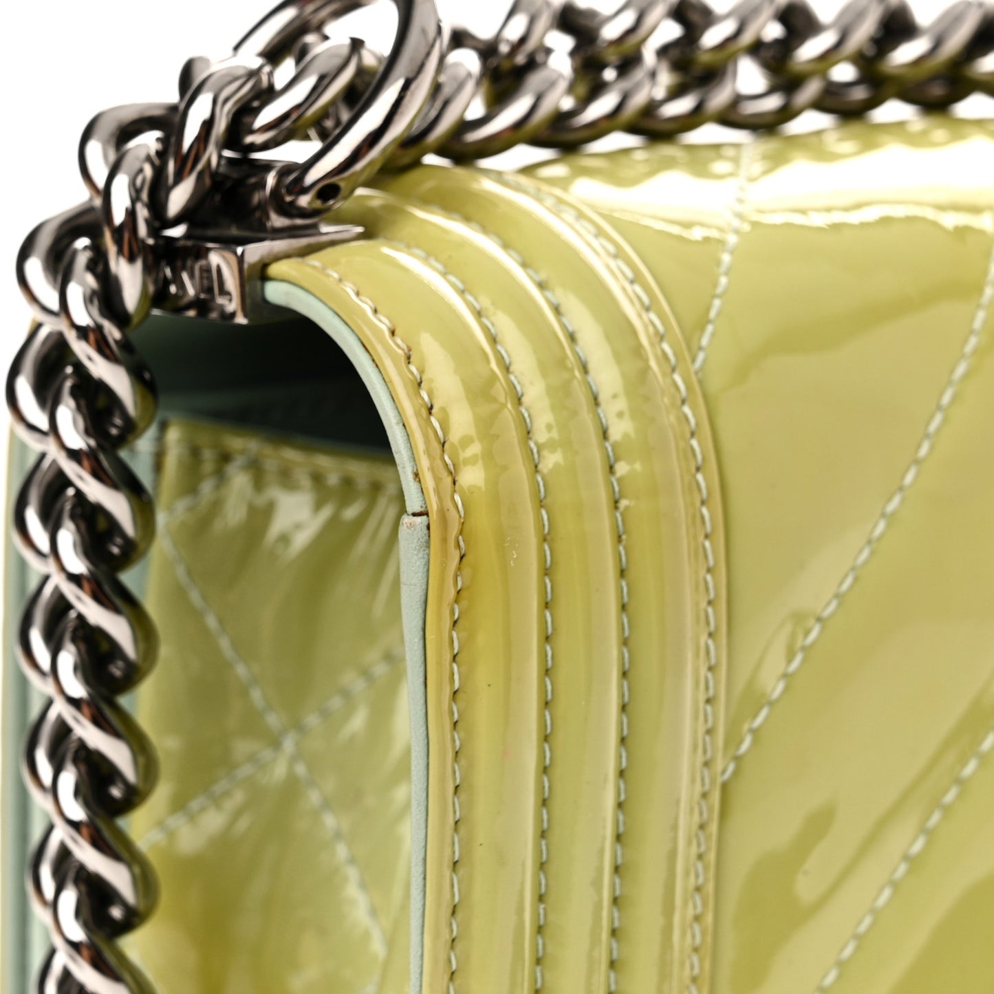 Patent Chevron Quilted New Medium Boy Flap Green
