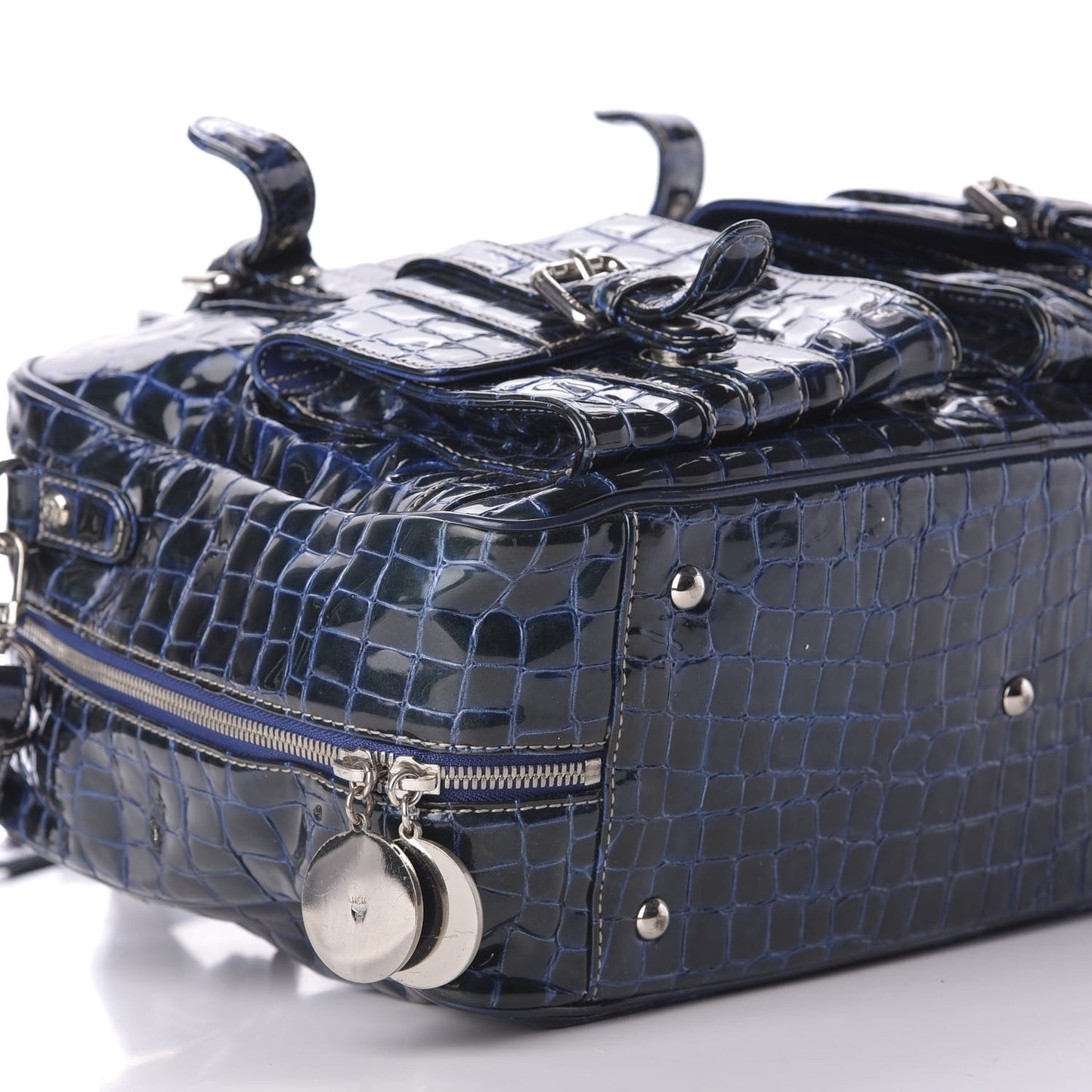 Crocodile Embossed Patent Calfskin Double Pocket Tote Blue