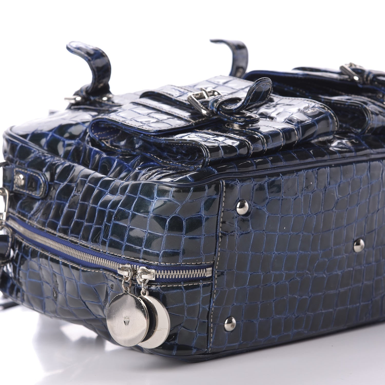 MCM Crocodile Embossed Patent Calfskin Double Pocket Tote Blue 7 of 11