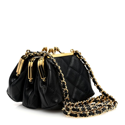 Chanel Lambskin Quilted Trio Kiss Lock Clutch With Chain Black 2 of 12