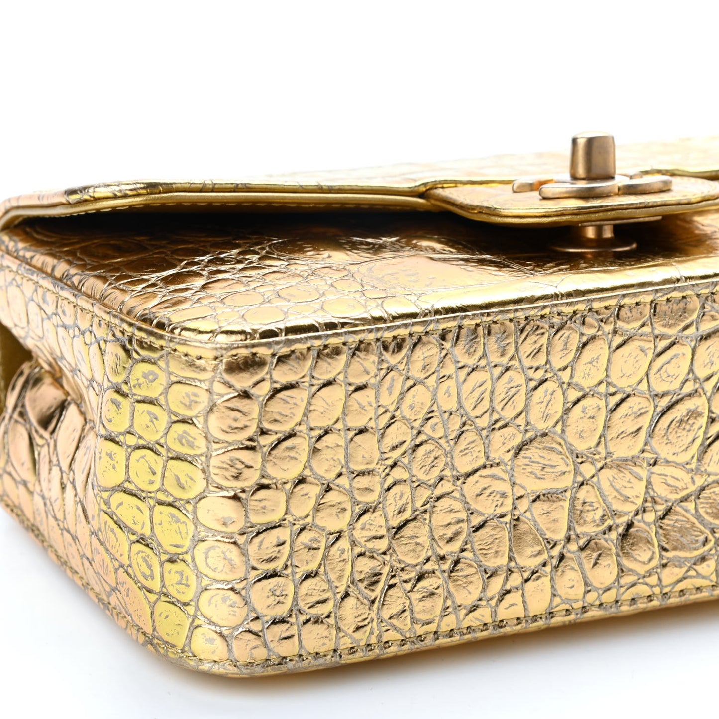 Metallic Calfskin Crocodile Embossed Cocodile Rectangular Mini Flap Gold