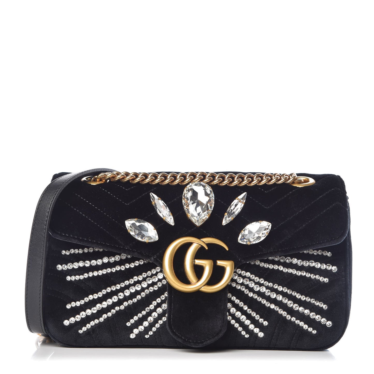 Velvet Matelasse Marquise Crystals Embroidered Small GG Marmont Shoulder Bag Black