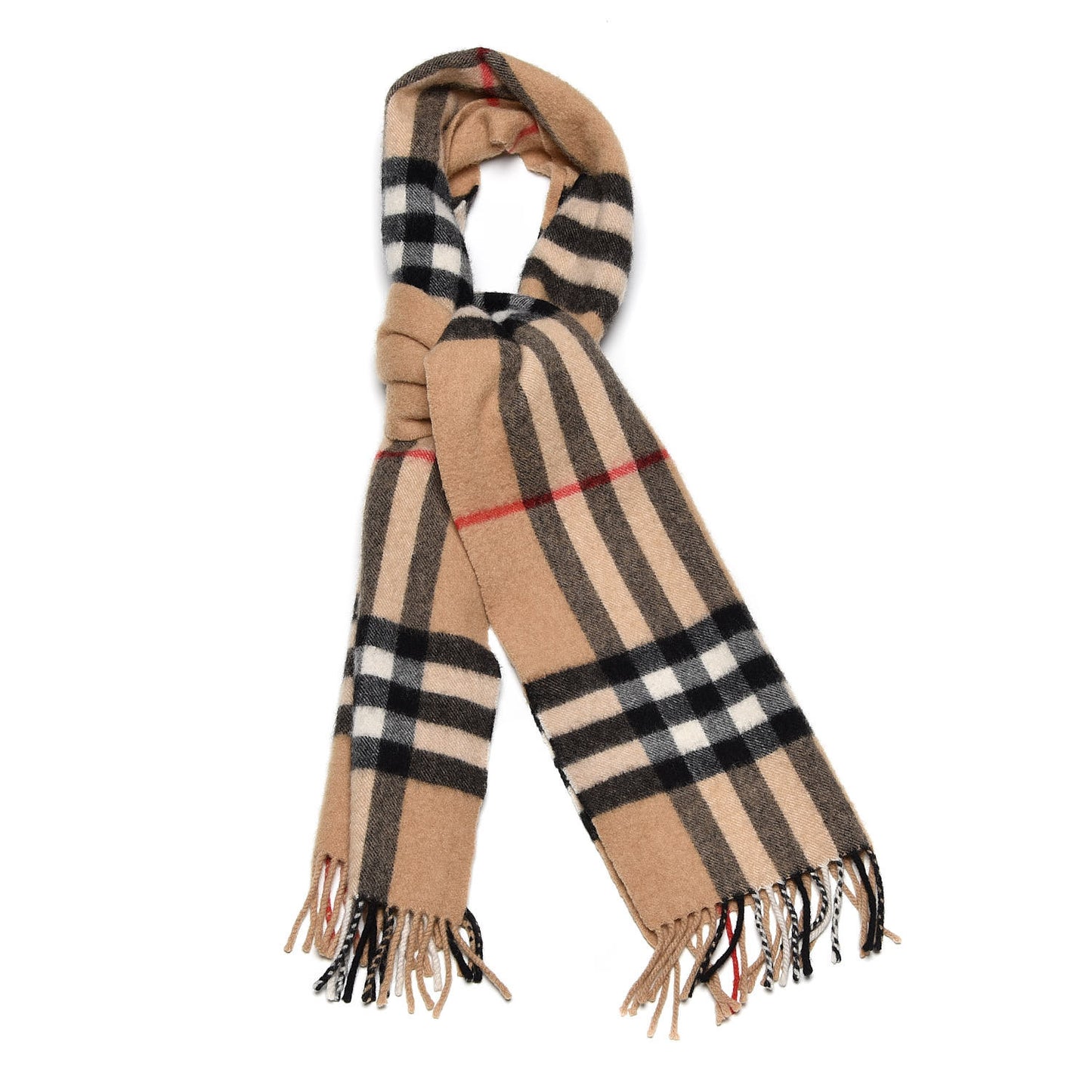 Cashmere Giant Check Fringe Scarf Camel