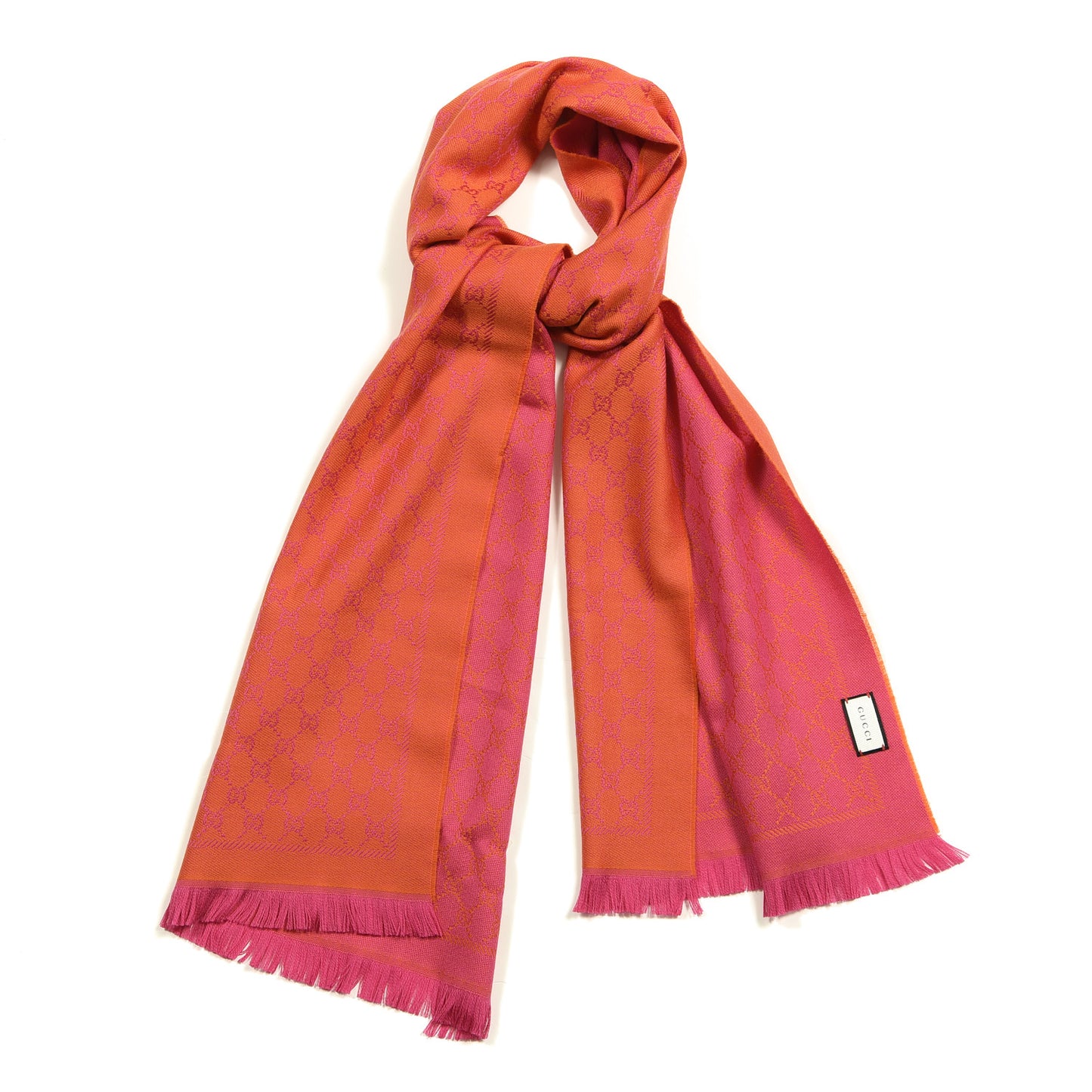Wool GG Monogram Reversible New Sten Fringe Scarf Orange Pink