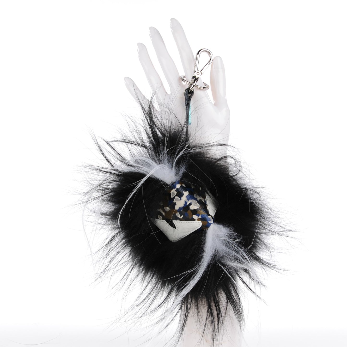 Vitello Elite Fox Goat Fur Granite Monster Bag Bug Cube Charm Military Denim Multicolor