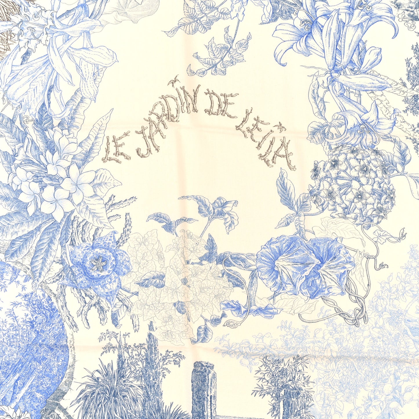 Cashmere Silk Le Jardin de Leila Shawl 140 White Ciel Etoupe
